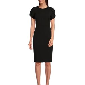 Calvin Klein Black Sheath Midi Dress with Puff Sleeves